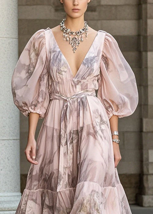 Fitted Pink Cinched Print Chiffon Robe Dresses Puff Sleeve - Image 2