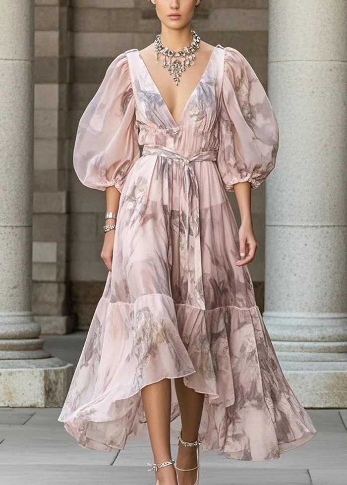 Fitted Pink Cinched Print Chiffon Robe Dresses Puff Sleeve - Image 3