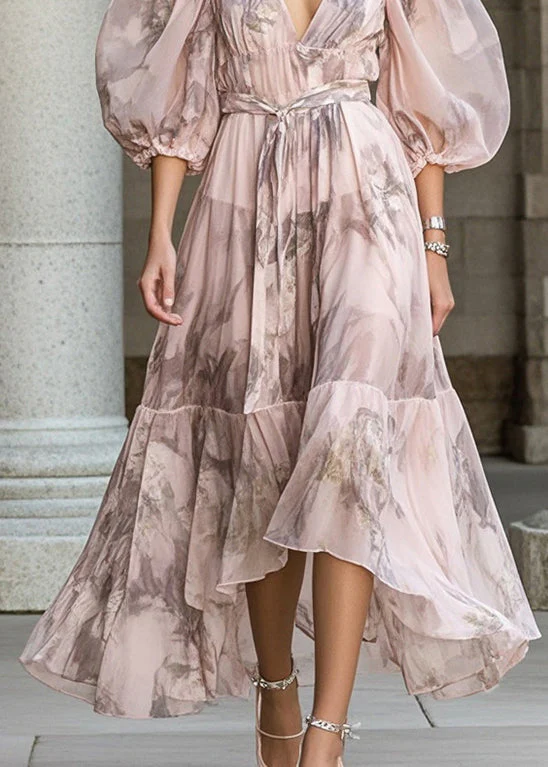 Fitted Pink Cinched Print Chiffon Robe Dresses Puff Sleeve - Image 4