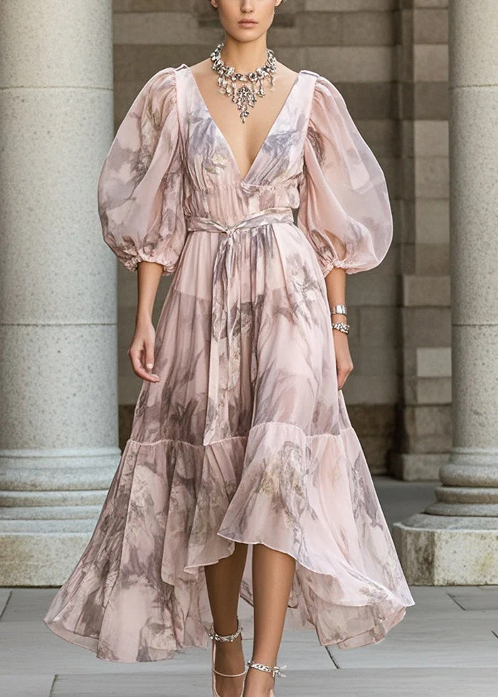 Fitted Pink Cinched Print Chiffon Robe Dresses Puff Sleeve - Image 5