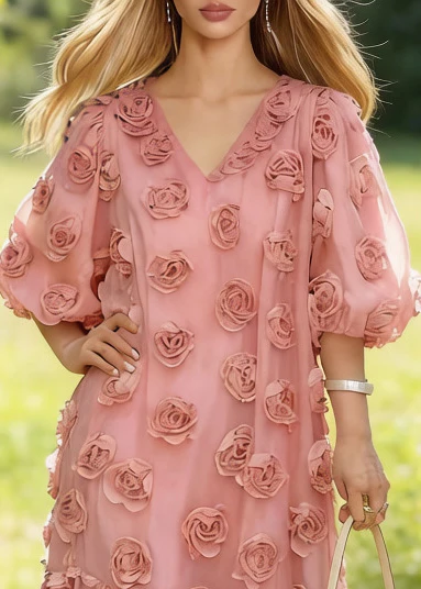 Fitted Pink Oversized Floral Decorated Tulle Party Dresses Summer - Image 2