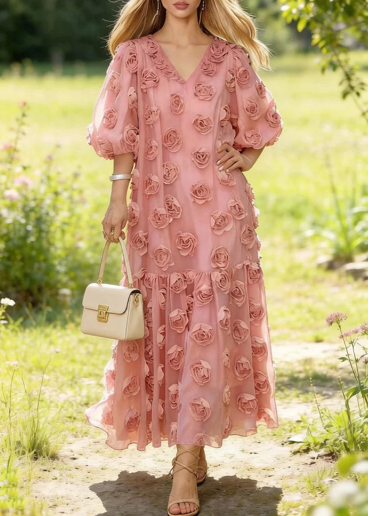 Fitted Pink Oversized Floral Decorated Tulle Party Dresses Summer - Image 3