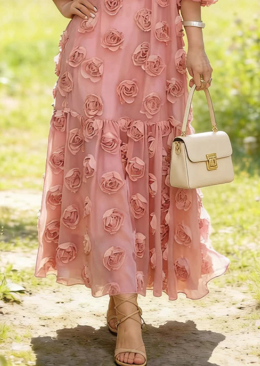 Fitted Pink Oversized Floral Decorated Tulle Party Dresses Summer - Image 4