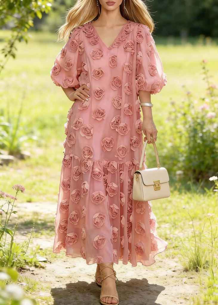 Fitted Pink Oversized Floral Decorated Tulle Party Dresses Summer - Image 5