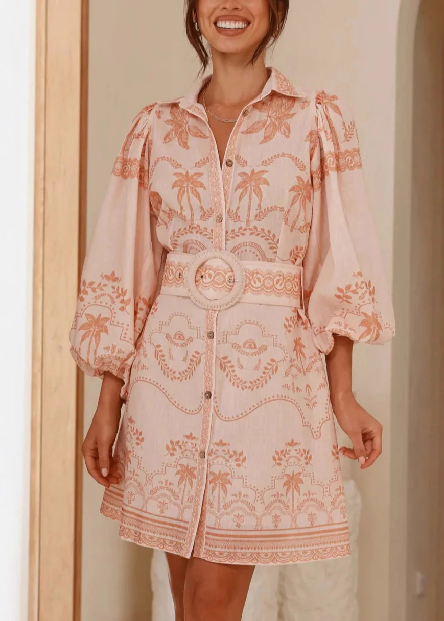 Fitted Pink Peter Pan Collar Print Sashes Cotton Mid Dress Summer