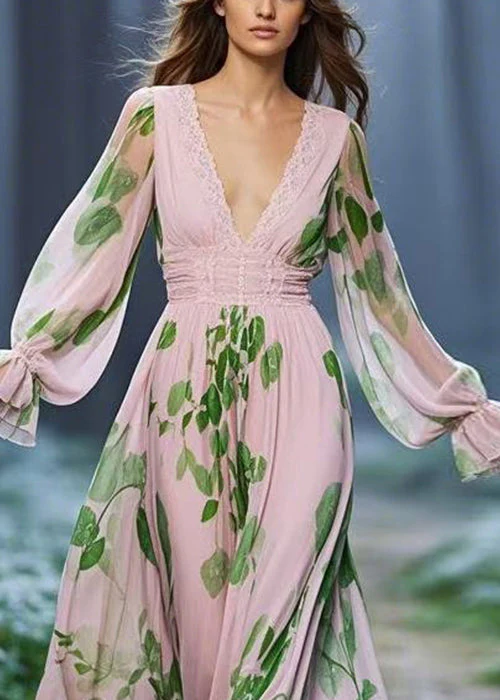 Fitted Pink Print High Waist Chiffon Dresses Butterfly Sleeve - Image 2