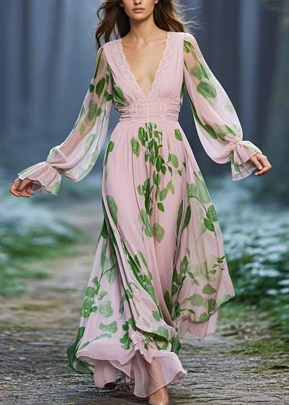 Fitted Pink Print High Waist Chiffon Dresses Butterfly Sleeve - Image 3