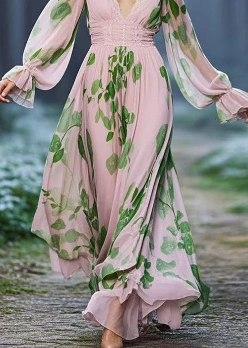 Fitted Pink Print High Waist Chiffon Dresses Butterfly Sleeve - Image 4