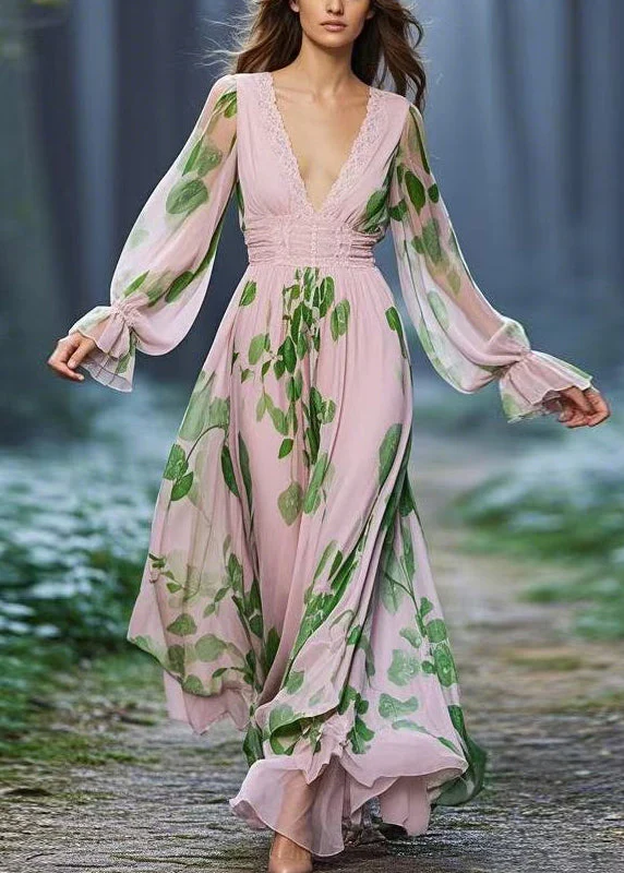 Fitted Pink Print High Waist Chiffon Dresses Butterfly Sleeve - Image 5