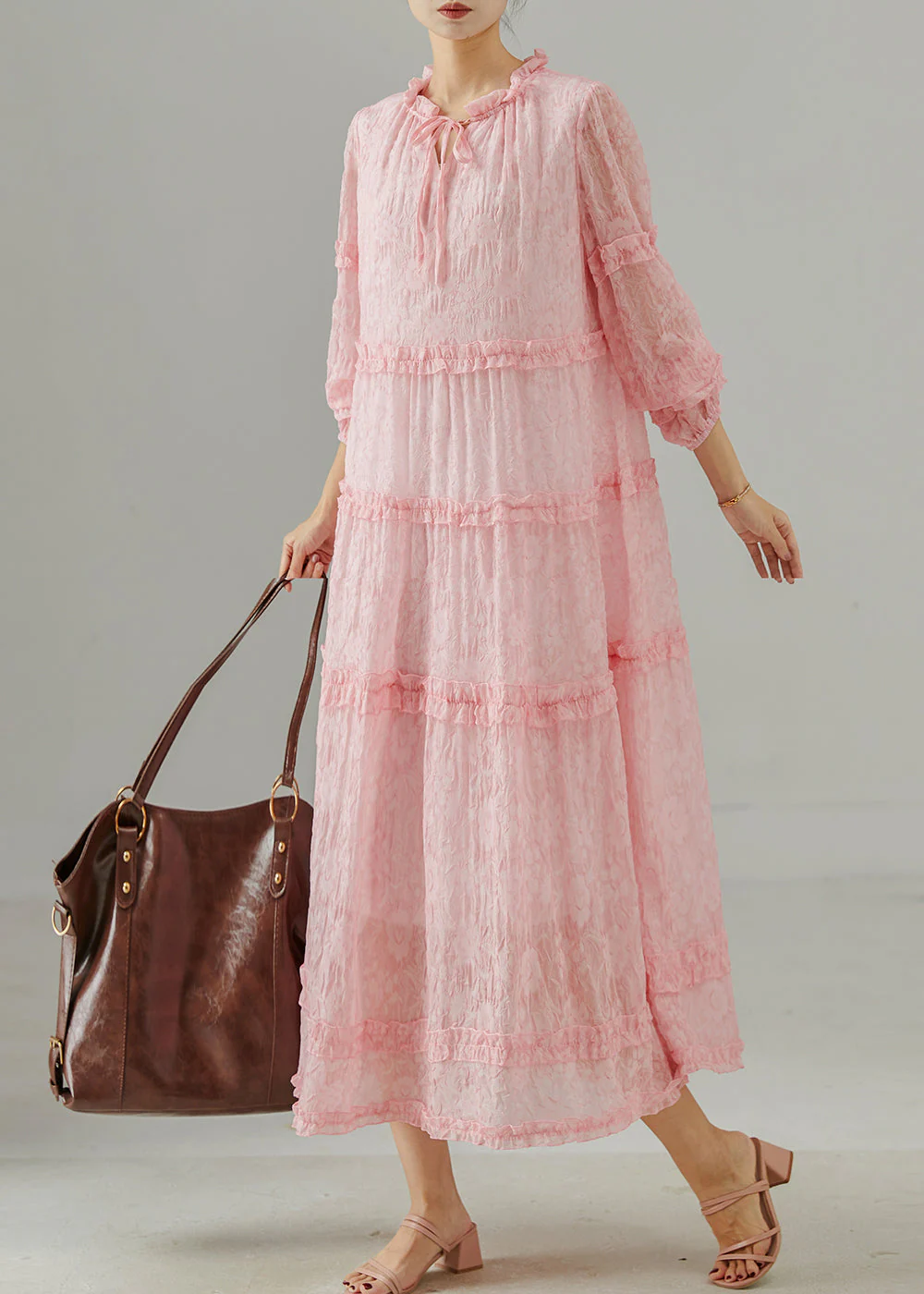 Fitted Pink Ruffled Jacquard Chiffon Party Dress Spring - Image 2