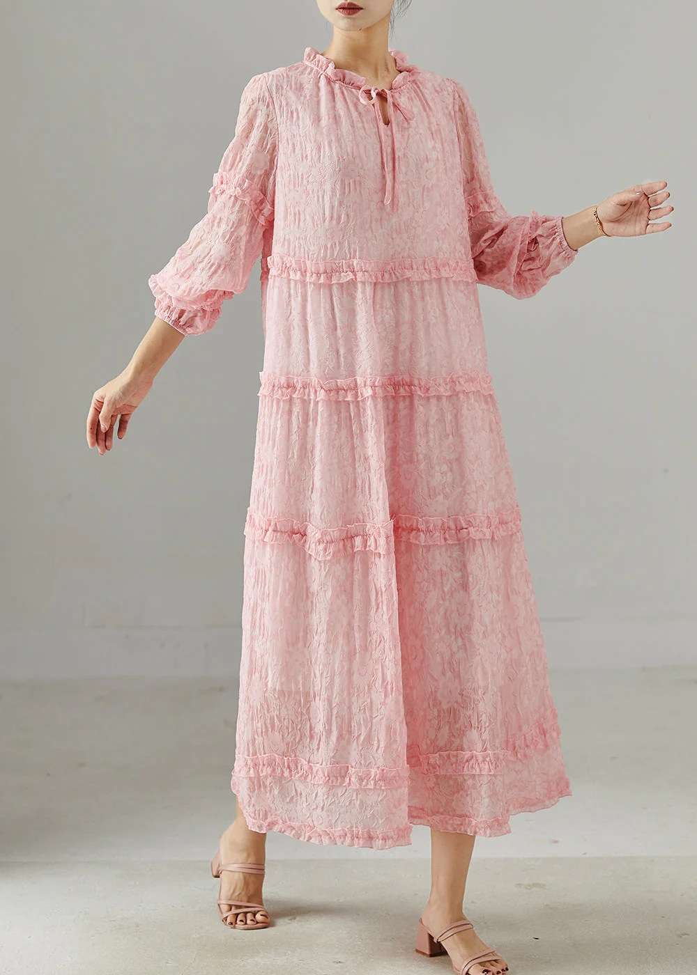 Fitted Pink Ruffled Jacquard Chiffon Party Dress Spring - Image 3