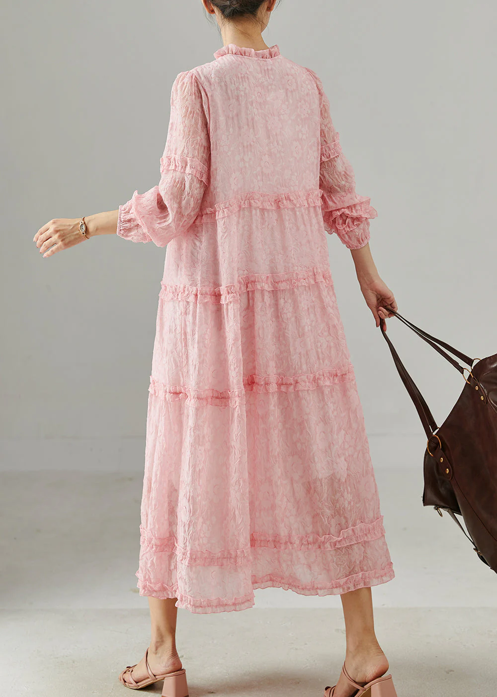 Fitted Pink Ruffled Jacquard Chiffon Party Dress Spring - Image 4