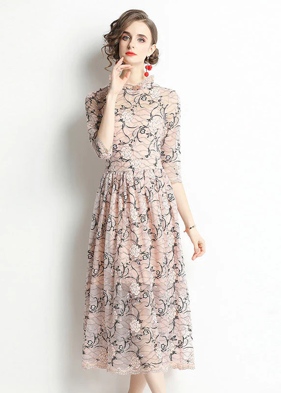 Fitted Pink Stand Collar Hollow Out Lace Dresses Bracelet Sleeve - Image 2