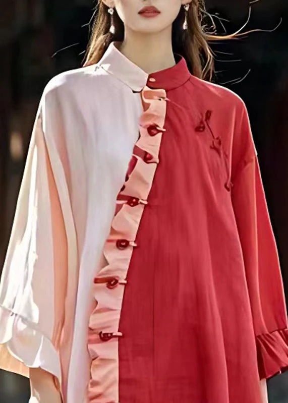 Fitted Pink Stand Collar Ruffled Button Long Dress Long Sleeve - Image 2