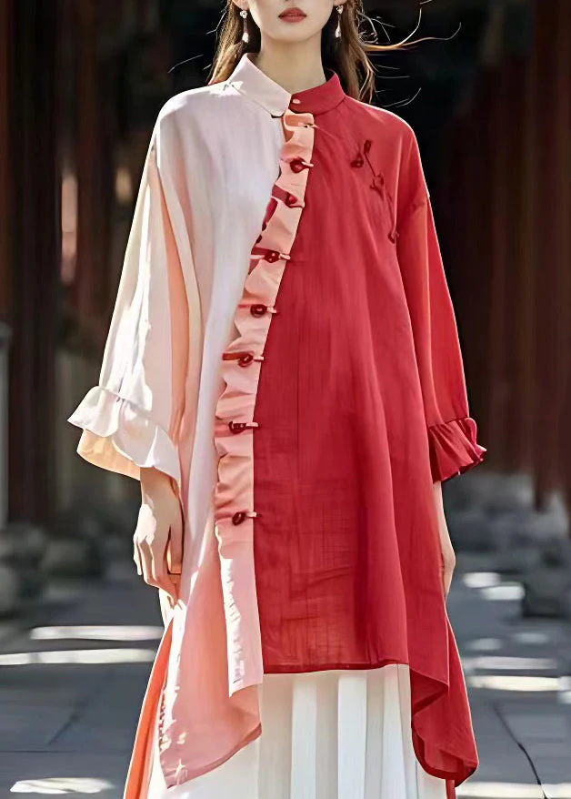 Fitted Pink Stand Collar Ruffled Button Long Dress Long Sleeve - Image 3