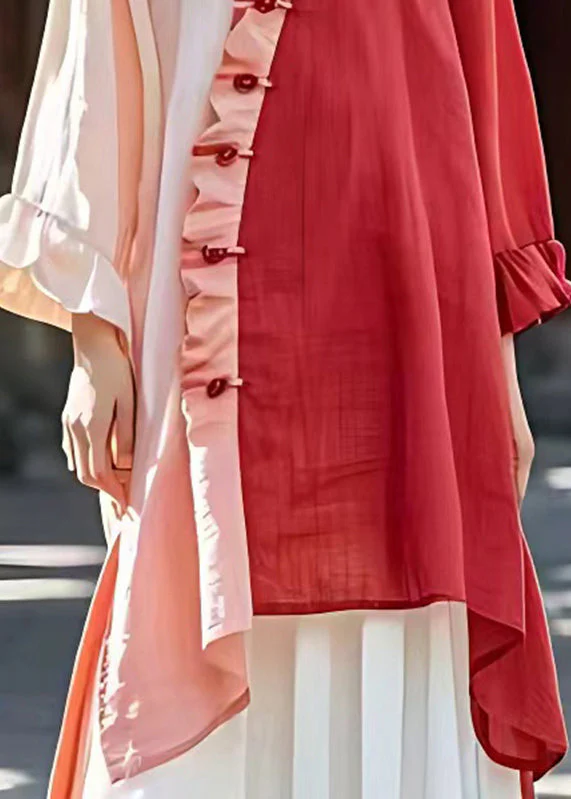 Fitted Pink Stand Collar Ruffled Button Long Dress Long Sleeve - Image 4