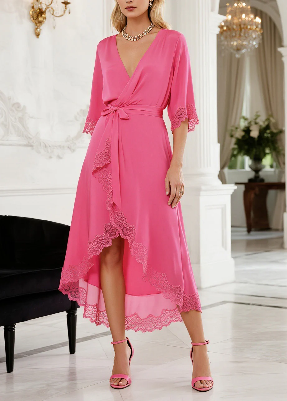 Fitted Pink V Neck Asymmetrical Lace Patchwork Silk Dress Summer - Image 3
