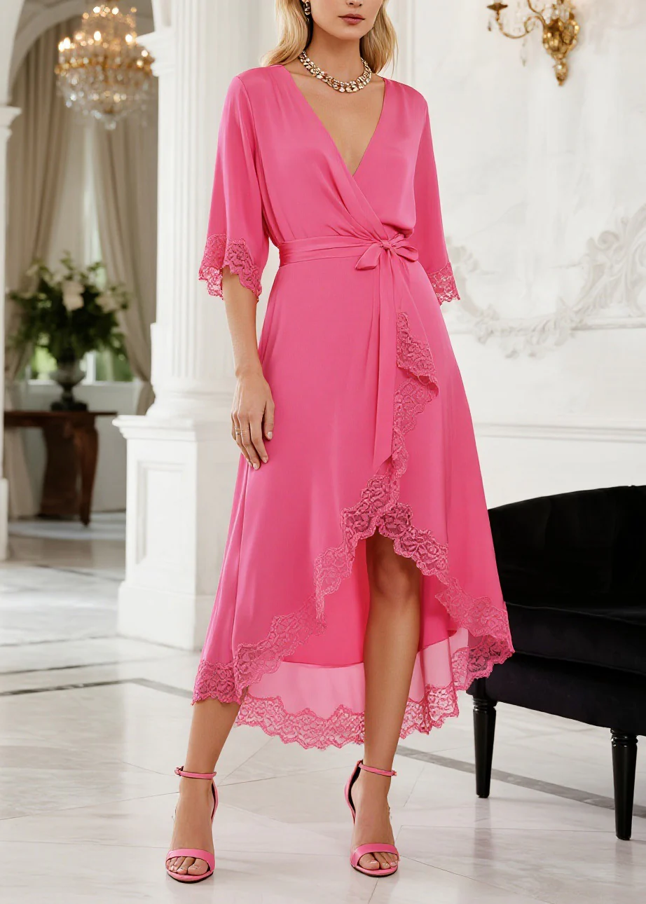 Fitted Pink V Neck Asymmetrical Lace Patchwork Silk Dress Summer - Image 5