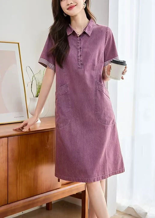 Fitted Purple Peter Pan Collar Pockets Denim Day Dress Summer