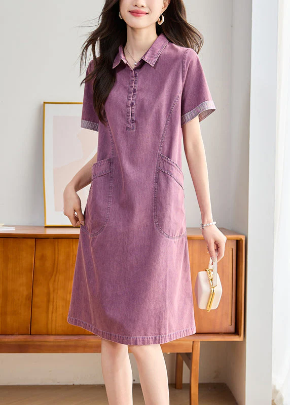 Fitted Purple Peter Pan Collar Pockets Denim Day Dress Summer - Image 2