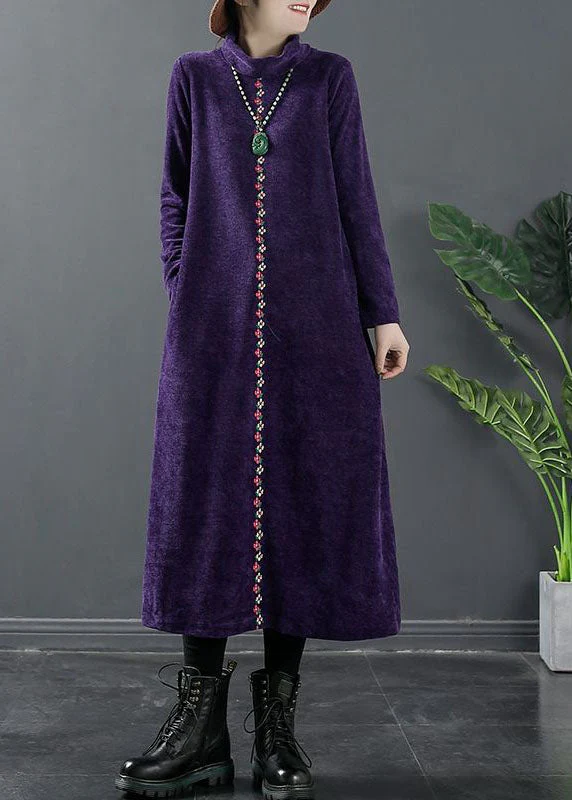 Fitted Purple Turtle Neck Woolen Maxi Dress Winter - Image 2