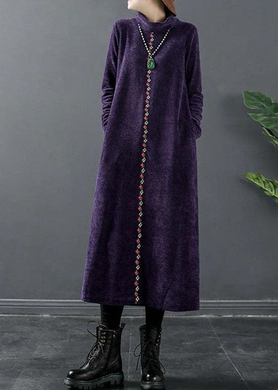 Fitted Purple Turtle Neck Woolen Maxi Dress Winter - Image 3