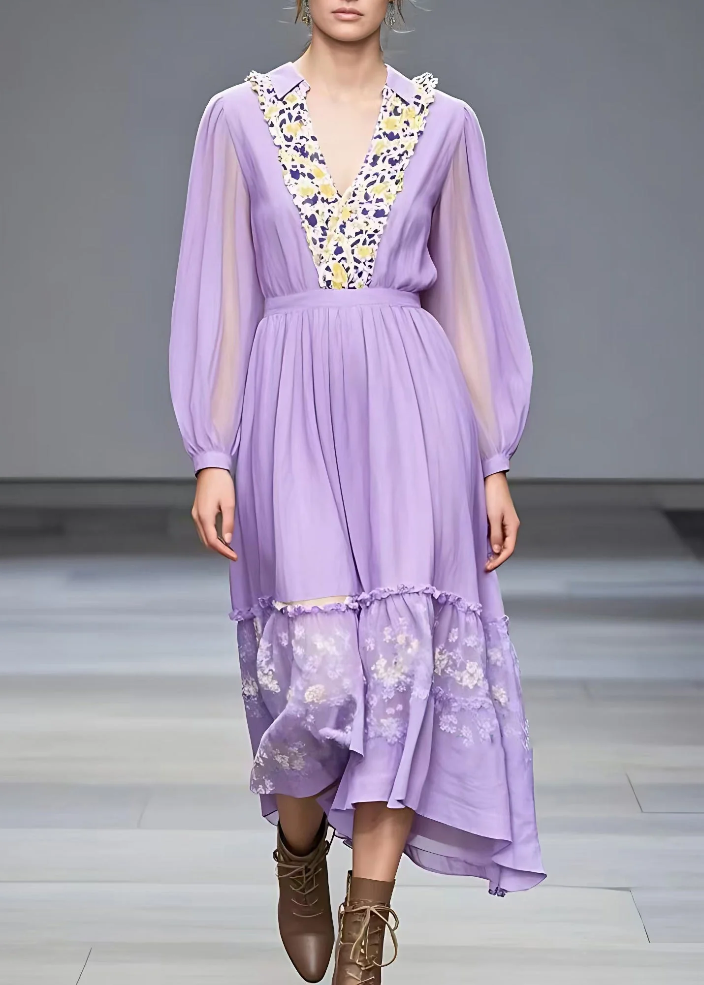 Fitted Purple V Neck Ruffled Patchwork Maxi Dresses Fall - Image 2