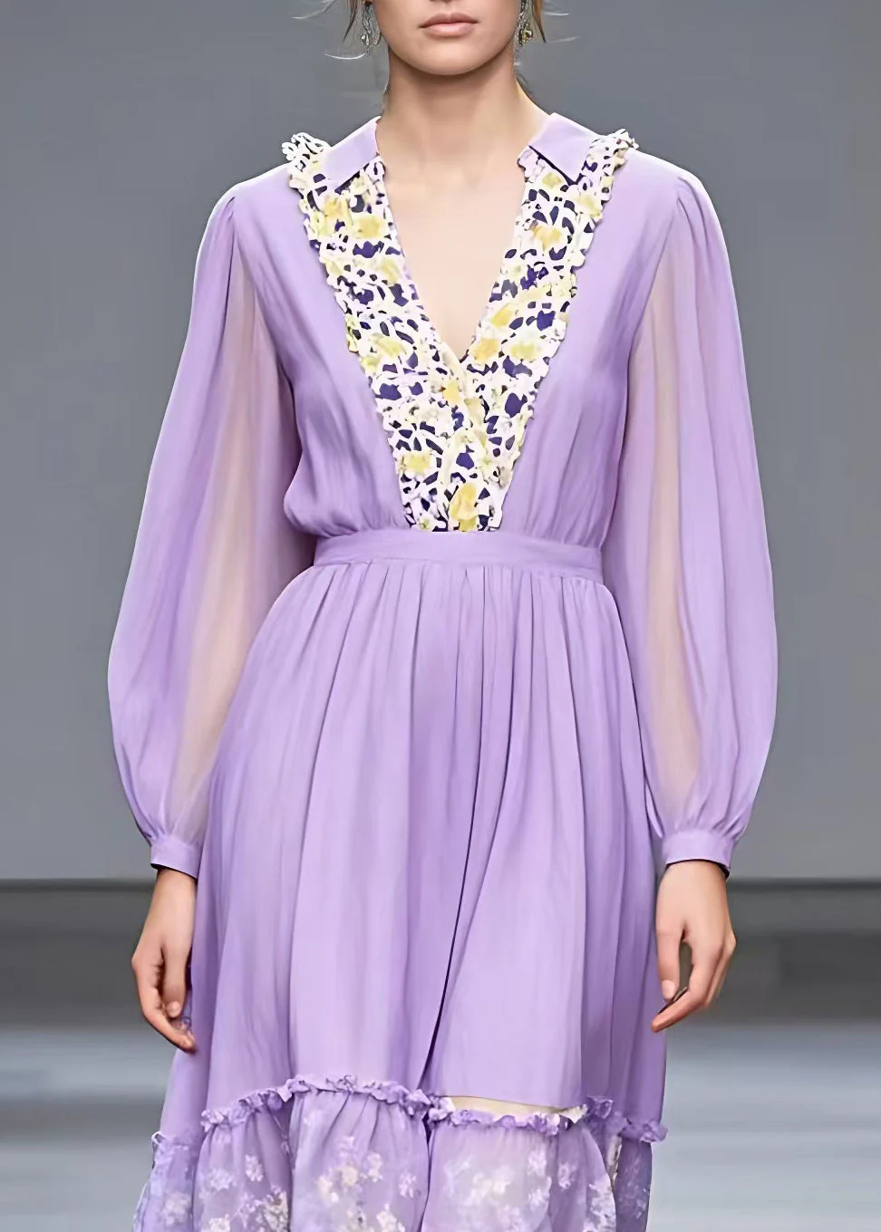 Fitted Purple V Neck Ruffled Patchwork Maxi Dresses Fall - Image 3