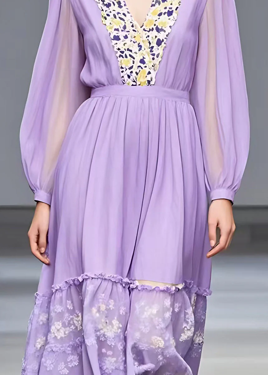 Fitted Purple V Neck Ruffled Patchwork Maxi Dresses Fall - Image 4