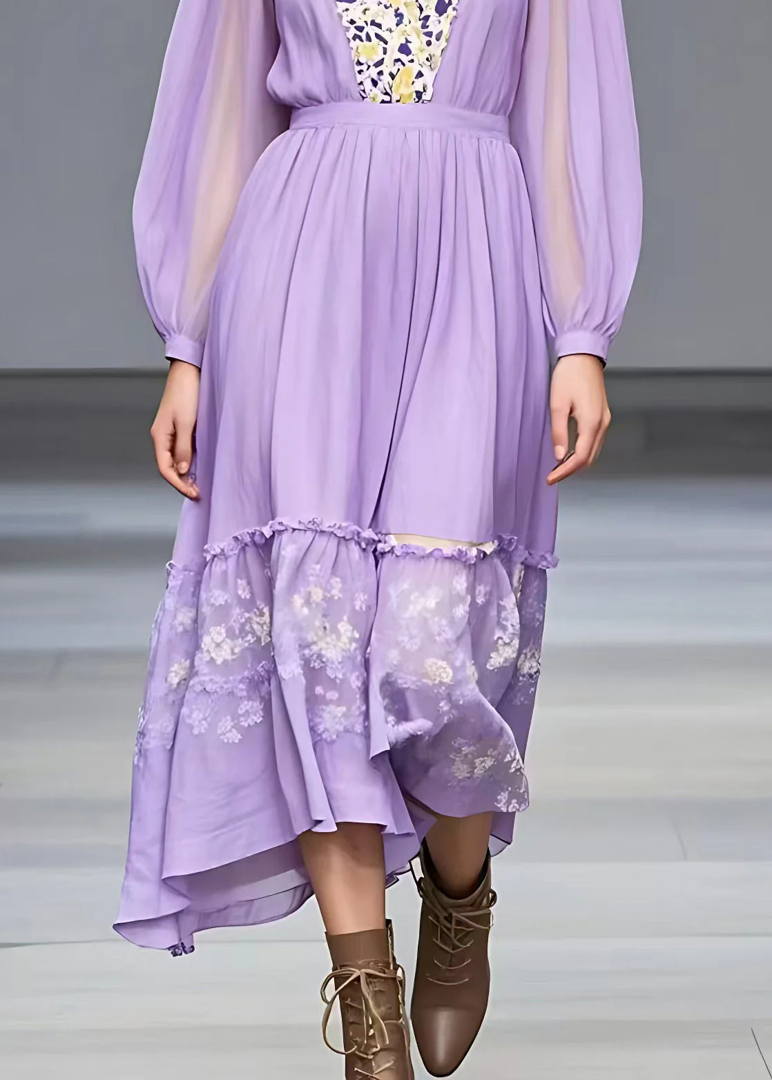 Fitted Purple V Neck Ruffled Patchwork Maxi Dresses Fall - Image 5