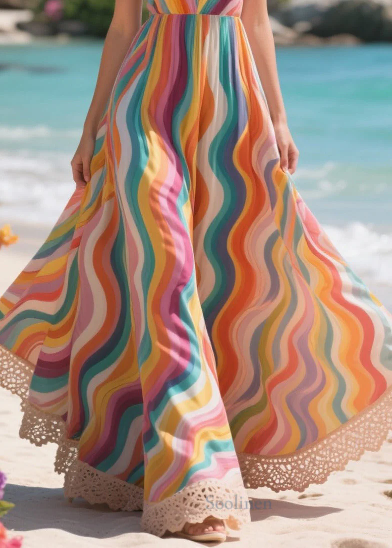 Fitted Rainbow Patchwork Lace Exra Large Hem Cotton Cami Dresses Summer - Image 4