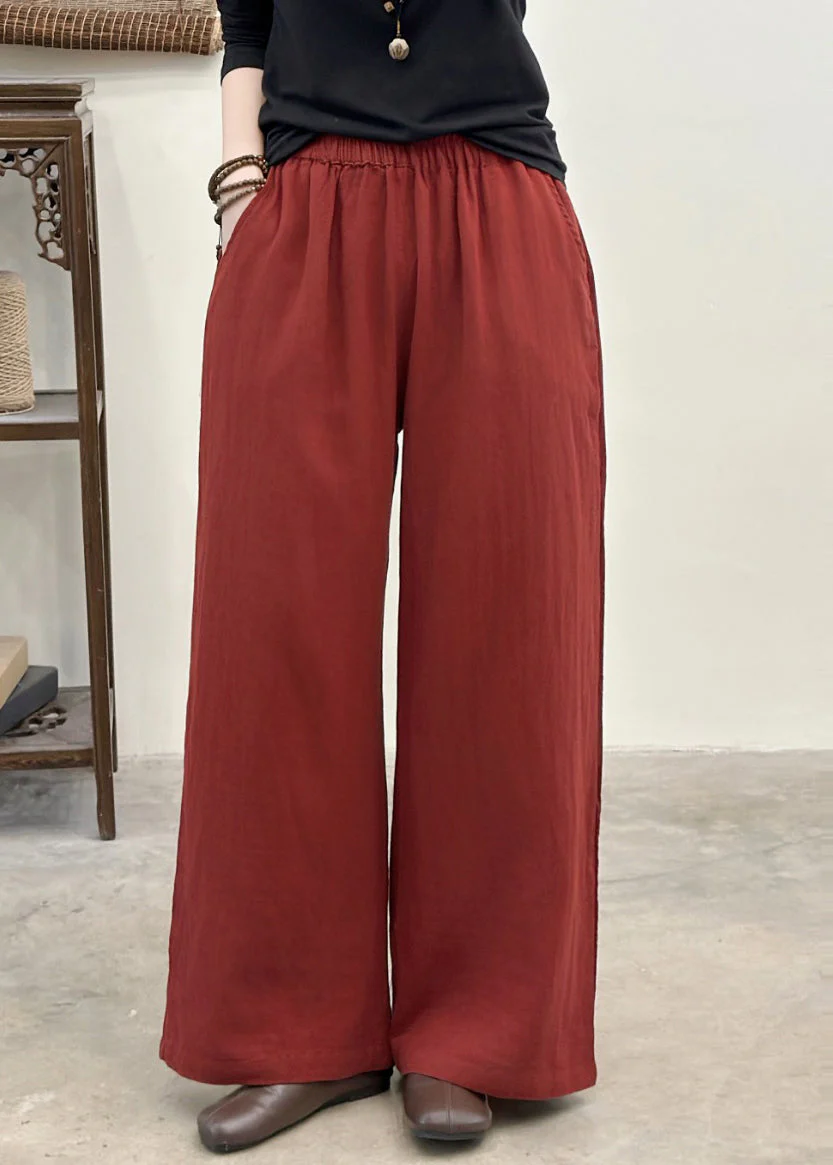 Fitted Red Oversized Pockets Linen Straight Pants Summer