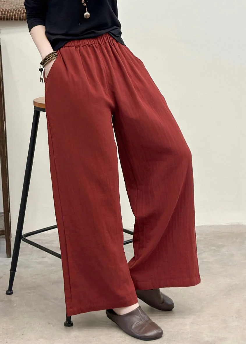 Fitted Red Oversized Pockets Linen Straight Pants Summer - Image 2