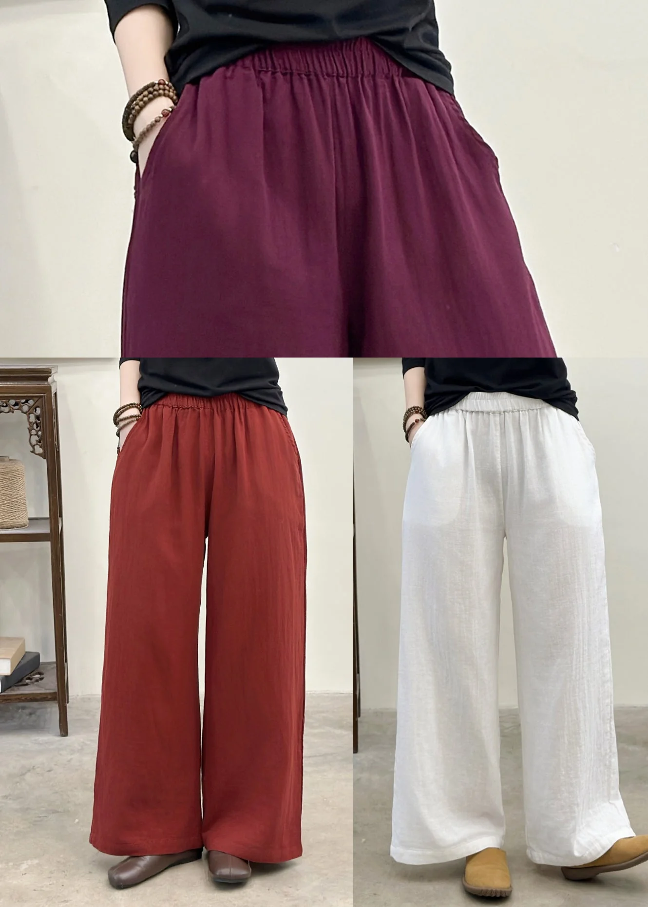 Fitted Red Oversized Pockets Linen Straight Pants Summer - Image 5