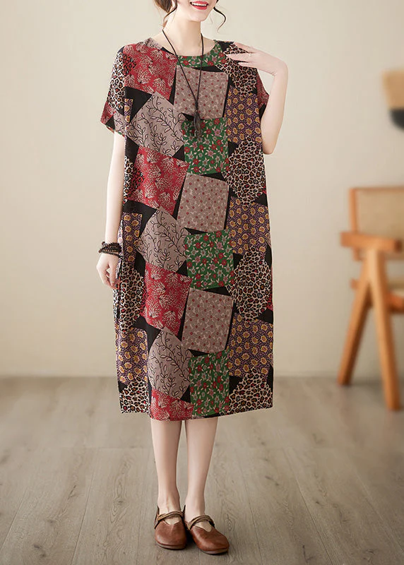 Fitted Red Plaid O-Neck Print Party Maxi Dress Short Sleeve - Image 2