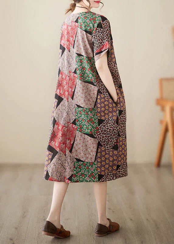 Fitted Red Plaid O-Neck Print Party Maxi Dress Short Sleeve - Image 4