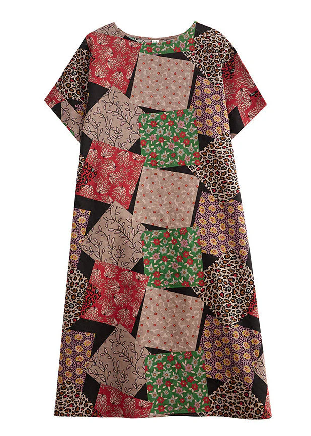 Fitted Red Plaid O-Neck Print Party Maxi Dress Short Sleeve - Image 5