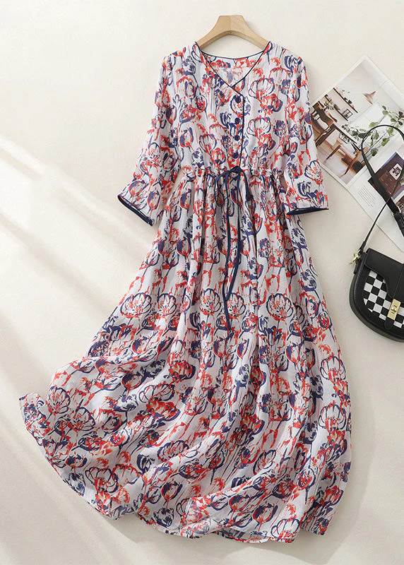 Fitted Red Plaid V Neck Wrinkled Tie Waist Button Maxi Dress Short Sleeve - Image 2