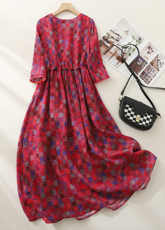 Fitted Red Plaid V Neck Wrinkled Tie Waist Button Maxi Dress Short Sleeve - Image 3