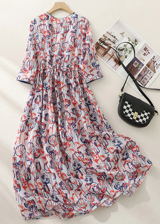 Fitted Red Plaid V Neck Wrinkled Tie Waist Button Maxi Dress Short Sleeve - Image 4