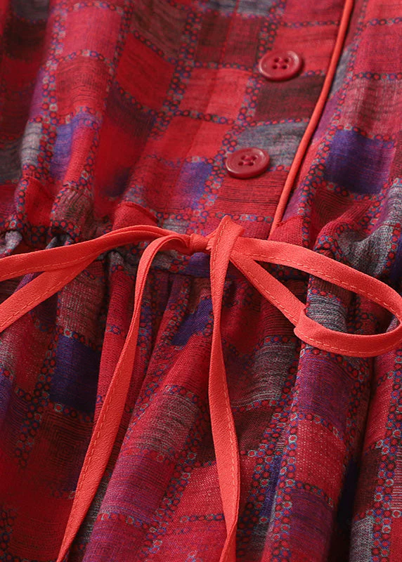 Fitted Red Plaid V Neck Wrinkled Tie Waist Button Maxi Dress Short Sleeve - Image 5