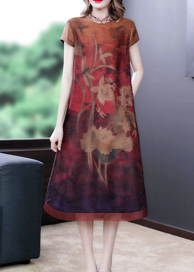 Fitted Red Print Stand Collar Silk Dresses Short Sleeve - Image 4