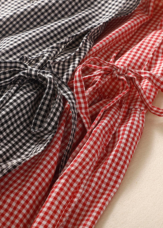 Fitted Red Side Open Pocket Plaid Linen Maxi Dresses Sleeveless - Image 4