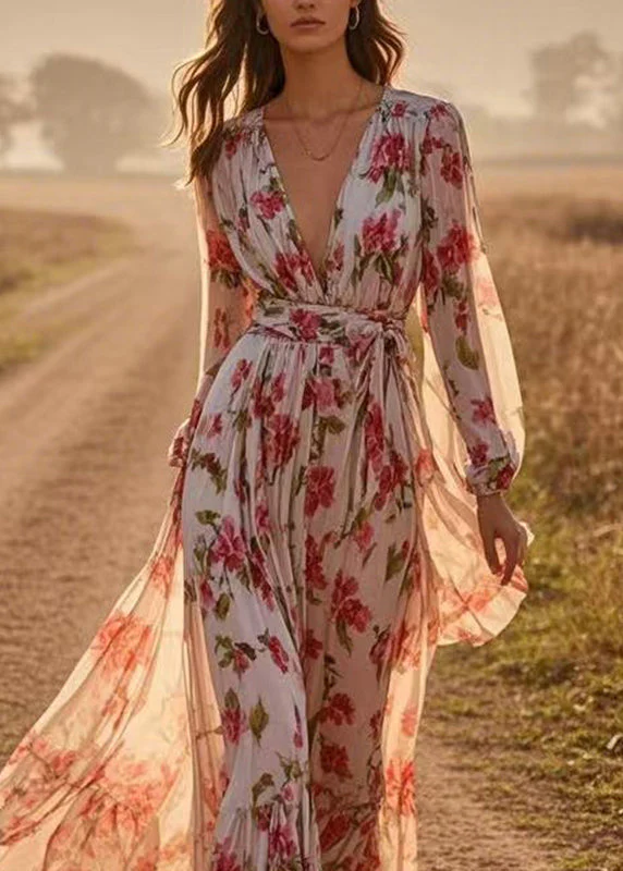 Fitted Red V Neck Tie Waist Chiffon Long Dresses Lantern Sleeve - Image 2