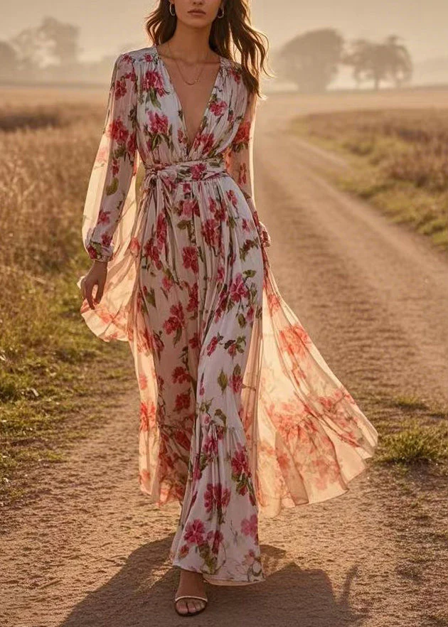 Fitted Red V Neck Tie Waist Chiffon Long Dresses Lantern Sleeve - Image 3
