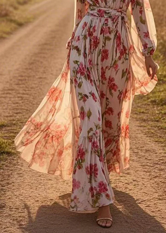 Fitted Red V Neck Tie Waist Chiffon Long Dresses Lantern Sleeve - Image 4