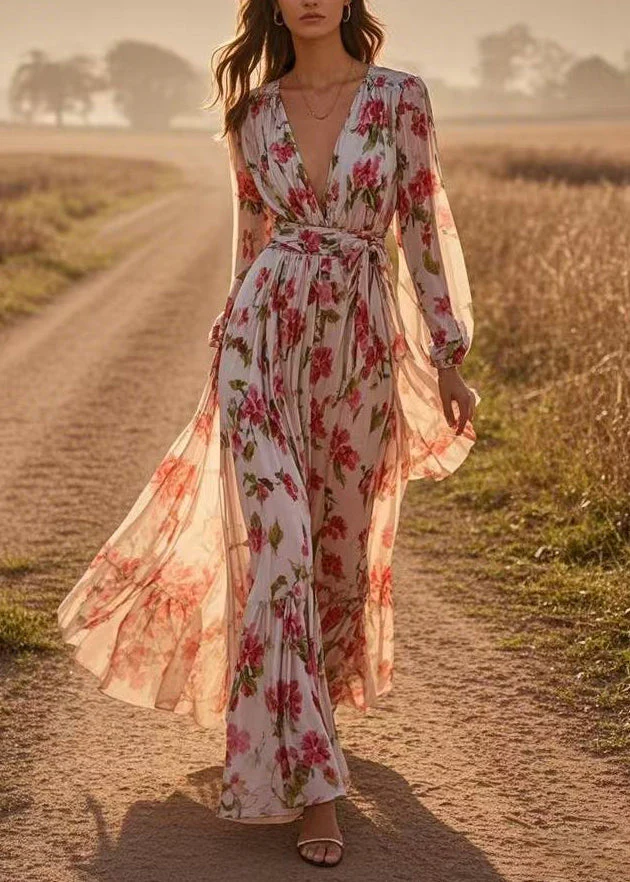 Fitted Red V Neck Tie Waist Chiffon Long Dresses Lantern Sleeve - Image 5