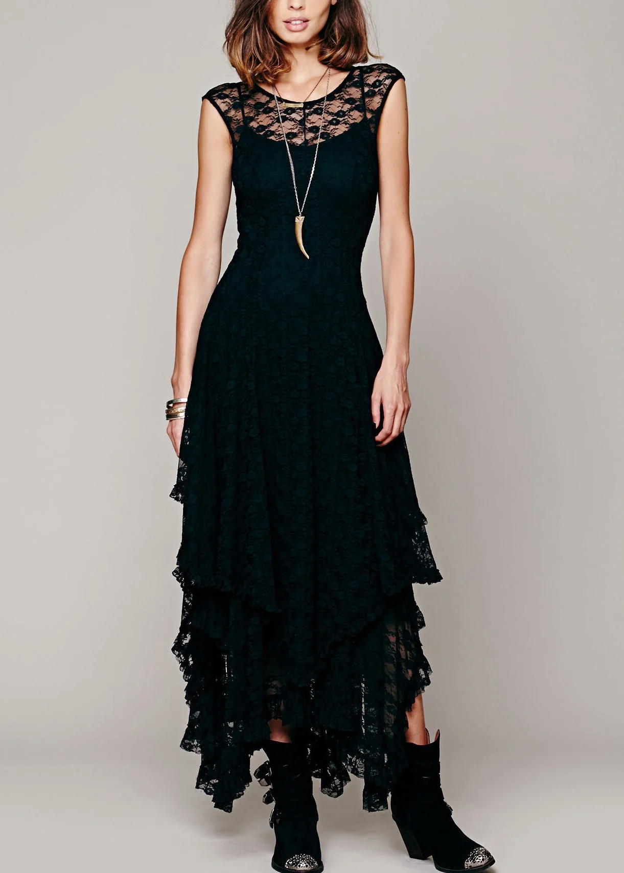 Fitted Rose Asymmetrical Hollow Out Lace Long Dress Summer - Image 2