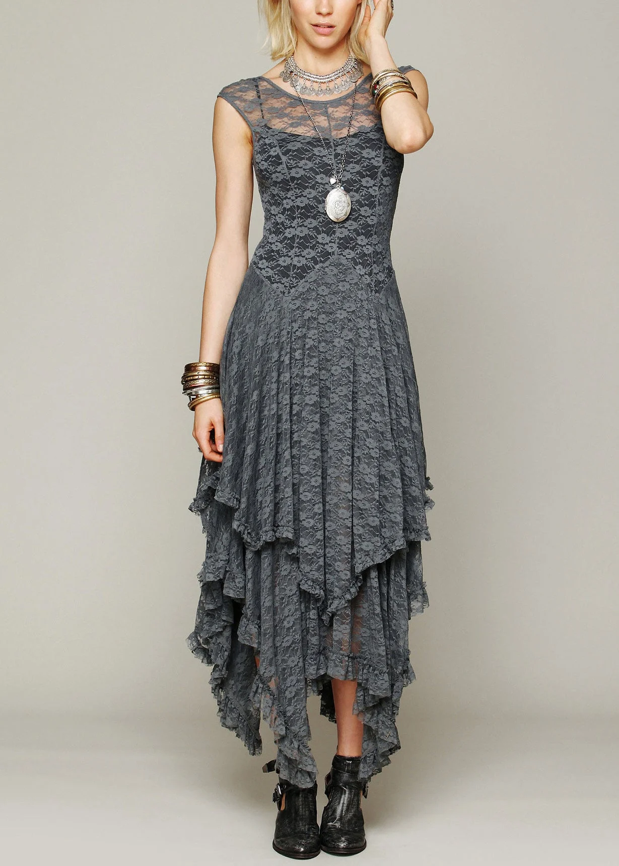 Fitted Rose Asymmetrical Hollow Out Lace Long Dress Summer - Image 3