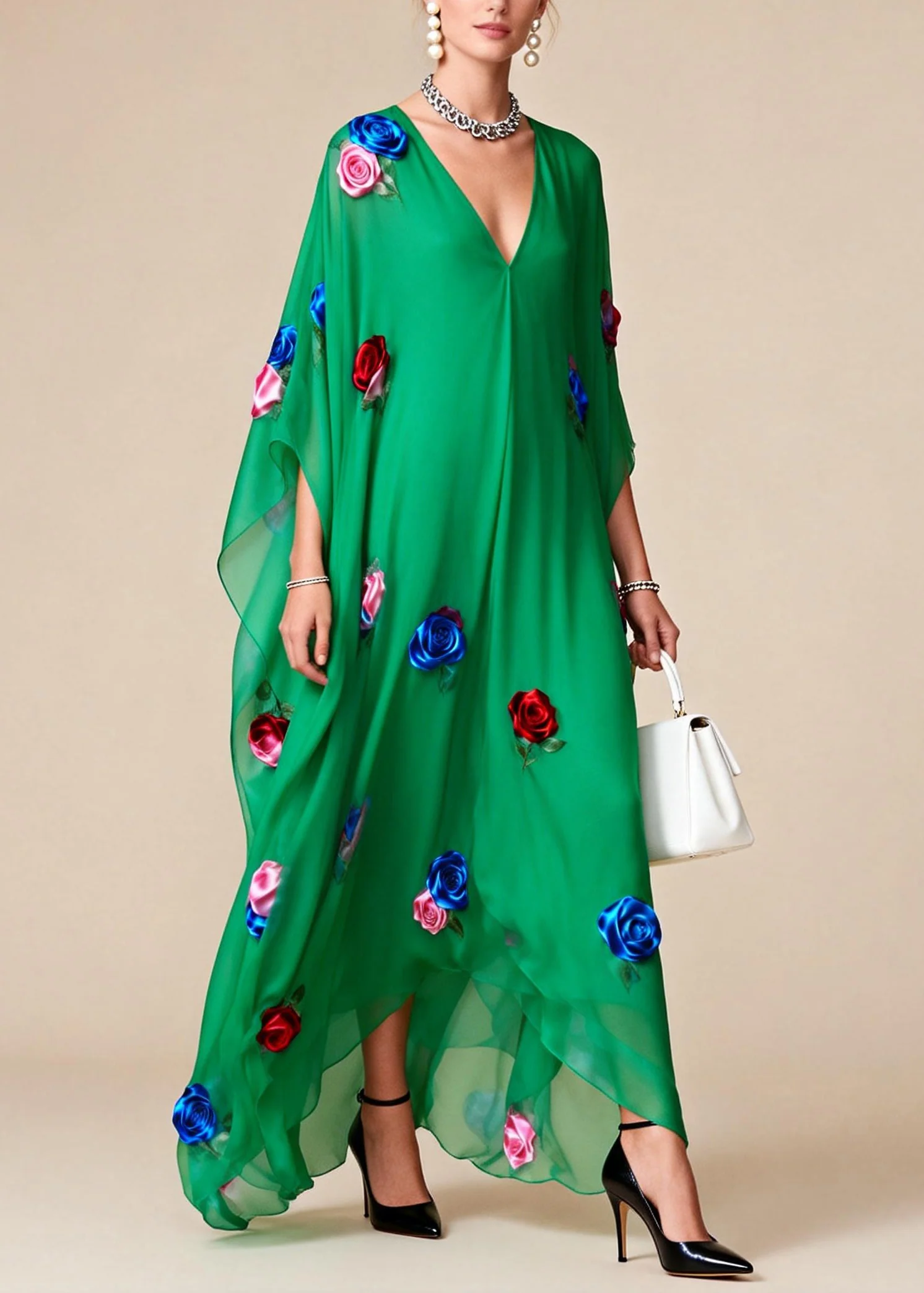 Fitted Tea Green Oversized Floral Chiffon Maxi Dress Summer - Image 3